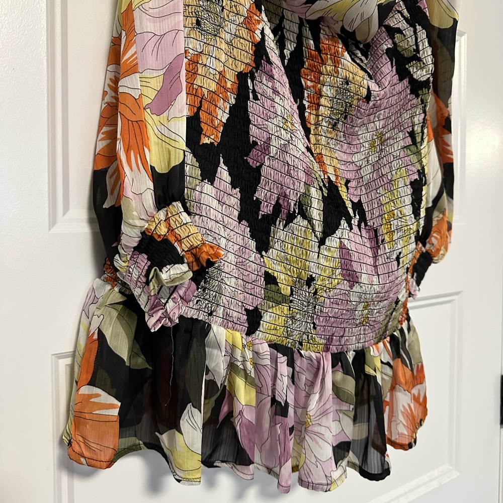 NWT GUESS Sumatra Flora Print Black SLV Gabby Off-the-Shoulder Dress